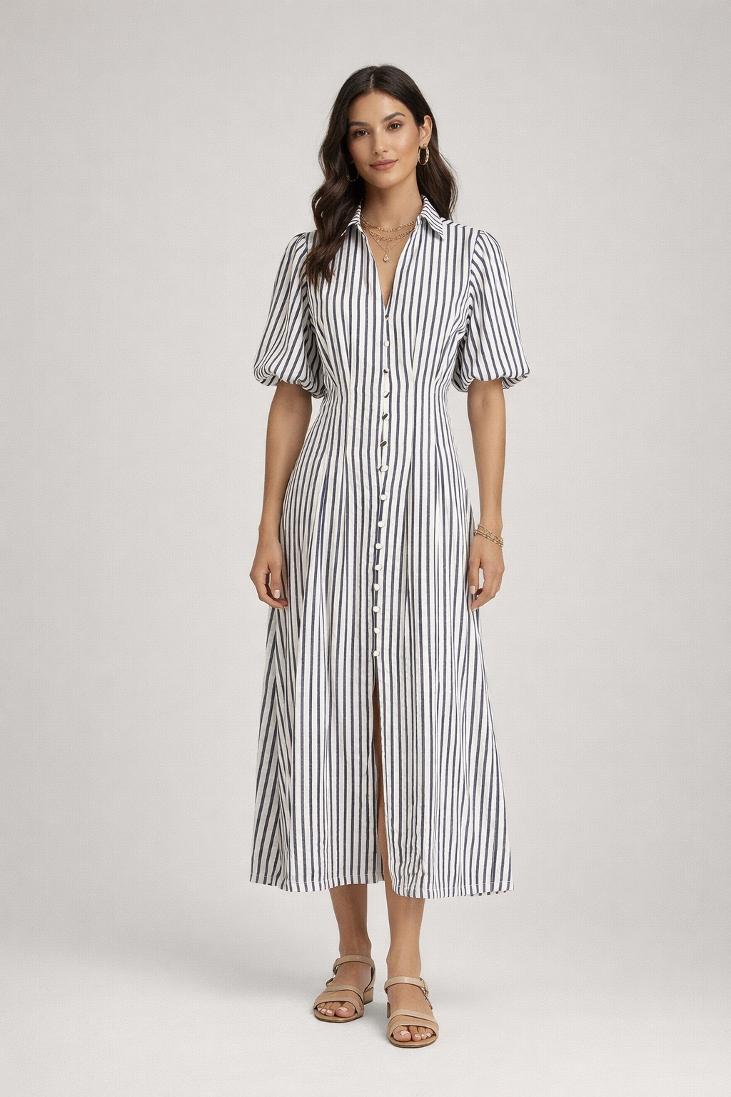 Rubien Midi Dress Cream & Navy Stripe Button Front