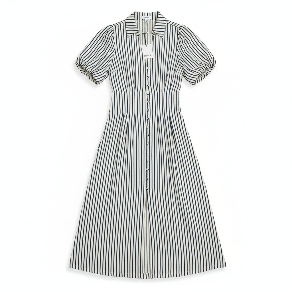 Rubien Midi Dress Cream & Navy Stripe Button Front