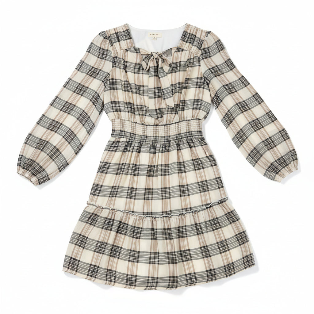 Promesa Cream Plaid Smocked Waist Dress