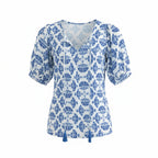 Blue Floral Tassel V-Neck Blouse