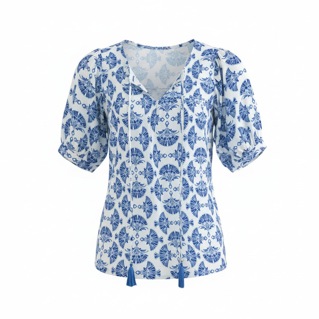 Blue Floral Tassel V-Neck Blouse