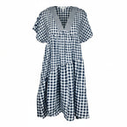 Anthropologie Navy Gingham Tiered V-Neck Midi Dress