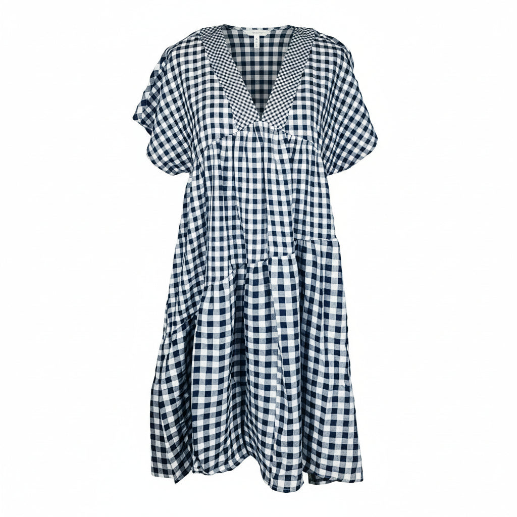 Anthropologie Navy Gingham Tiered V-Neck Midi Dress