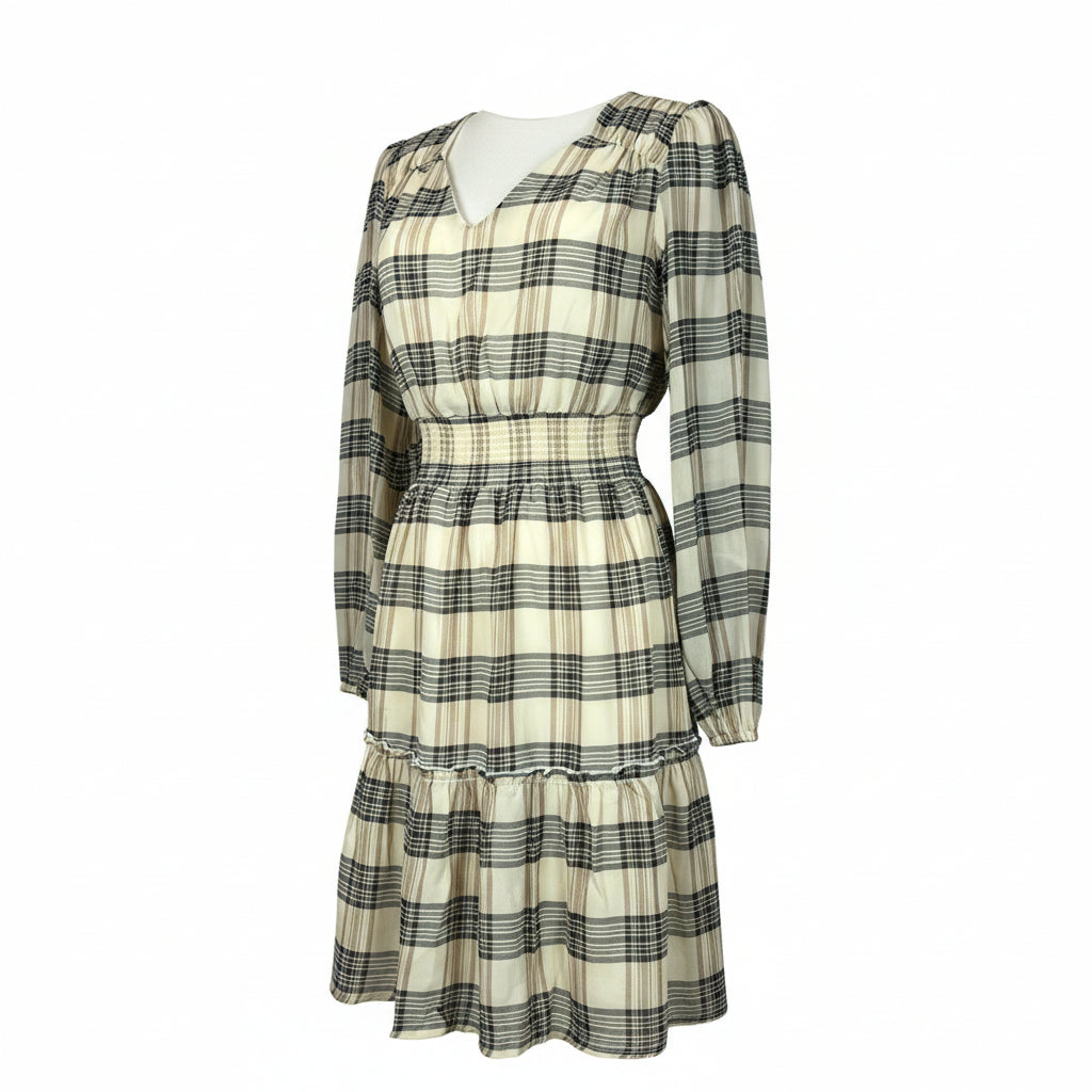 Promesa Cream Plaid Smocked Waist Dress