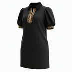 Leopard Trim Zip Collar Mini Dress | Puff Sleeve