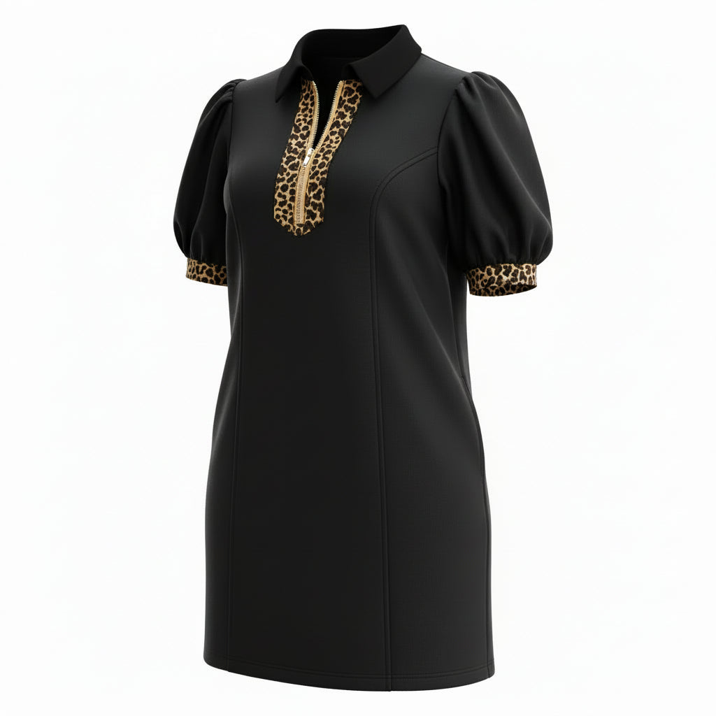 Leopard Trim Zip Collar Mini Dress | Puff Sleeve