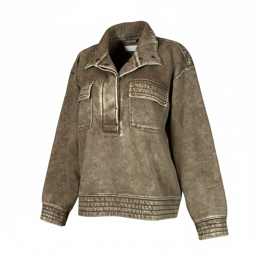 Zenana Washed Collared Pullover in Mocha
