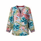 Floral Contrast Trim 3/4 Sleeve Blouse | Split Neck