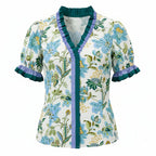 Blue Floral Contrast Trim Blouse | Ruffle Neckline