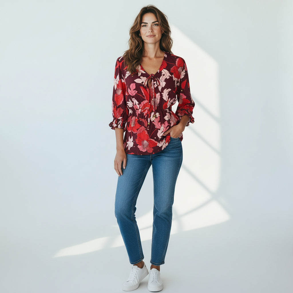 Harve Bernard Burgundy Floral Blouse