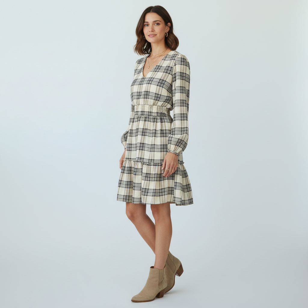 Promesa Cream Plaid Smocked Waist Dress