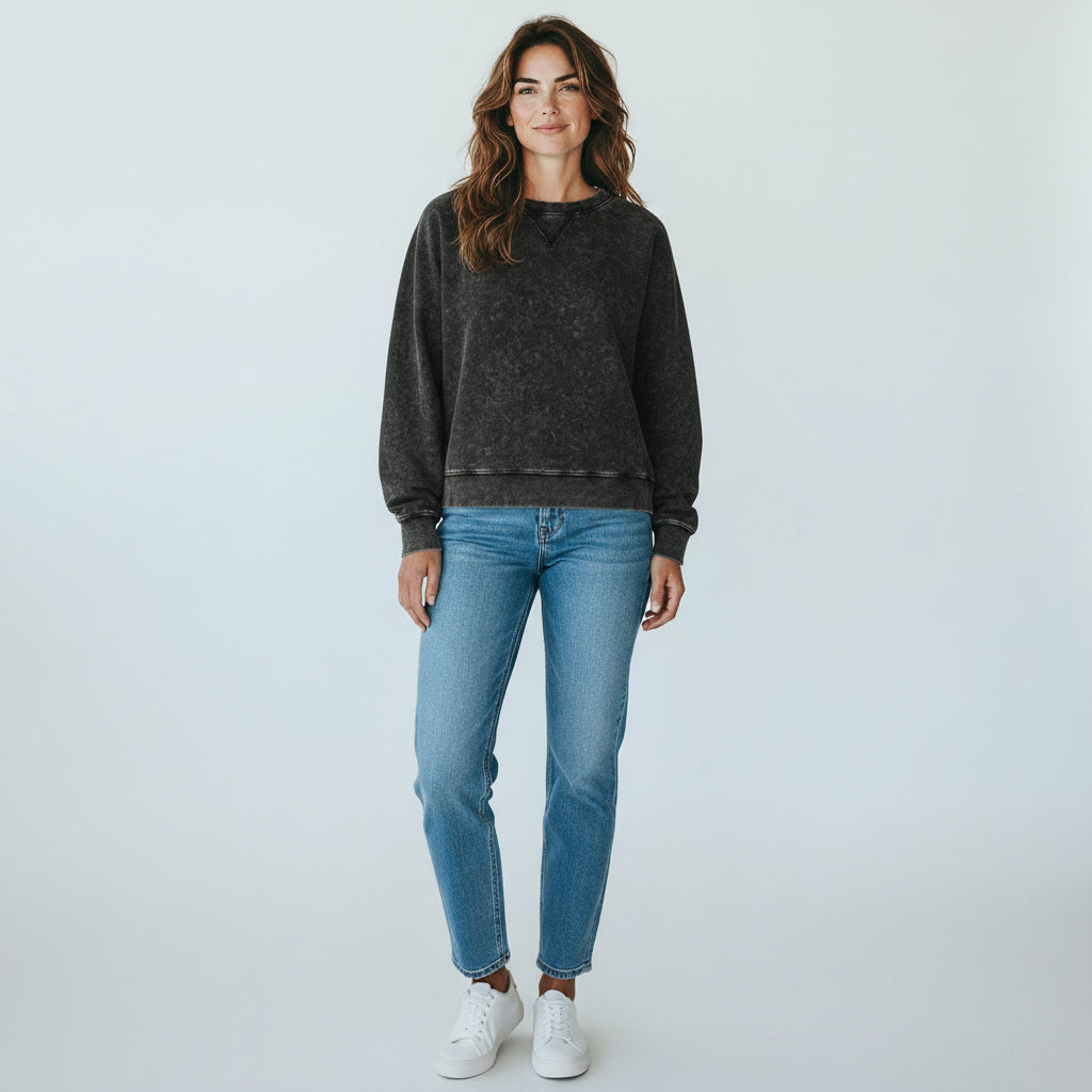 Zenana Ash Black Mineral Wash Crew Top | Relaxed Fit