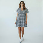 Anthropologie Navy Gingham Tiered V-Neck Midi Dress