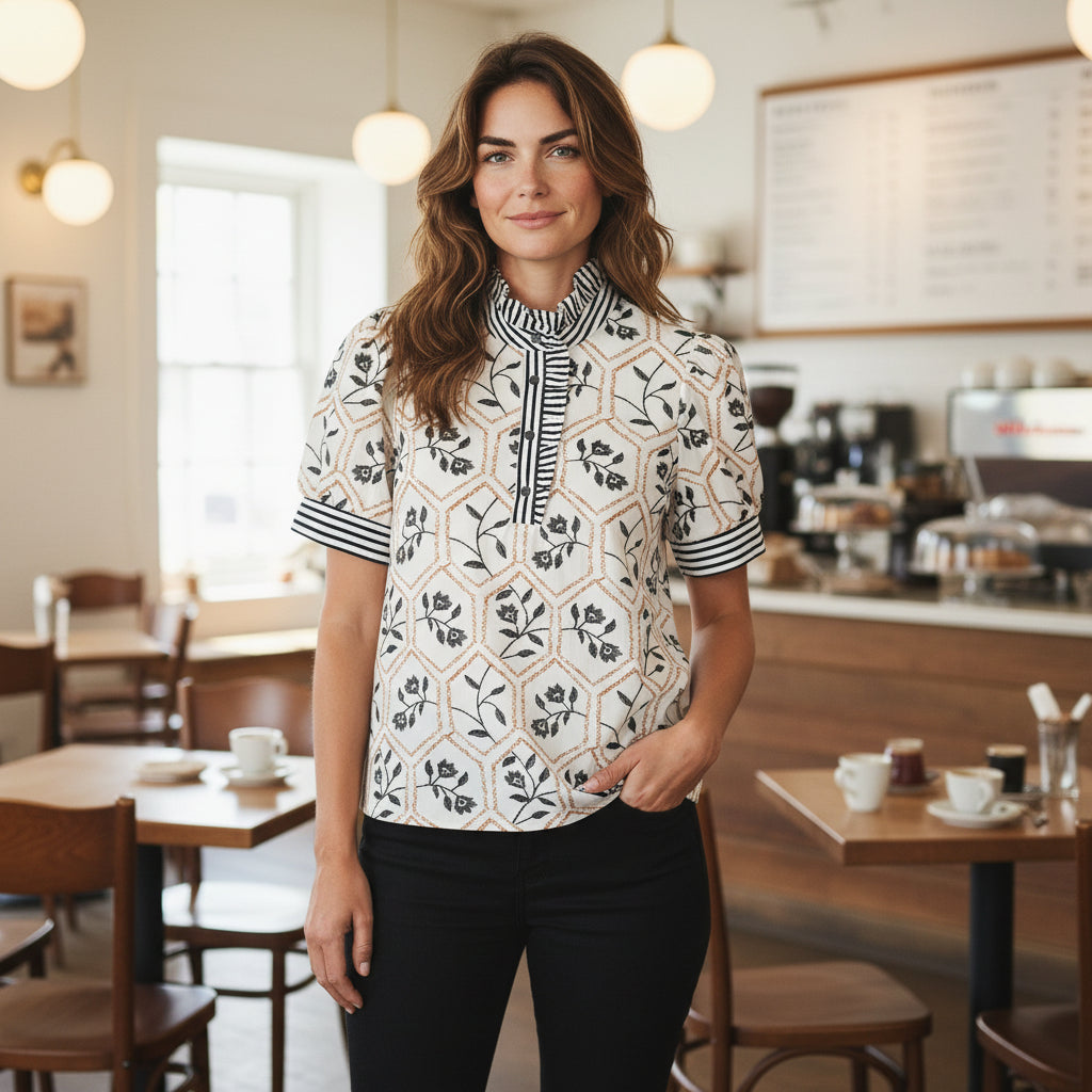 Geometric Floral Contrast Trim Blouse | Button Detail