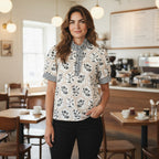 Geometric Floral Contrast Trim Blouse | Button Detail