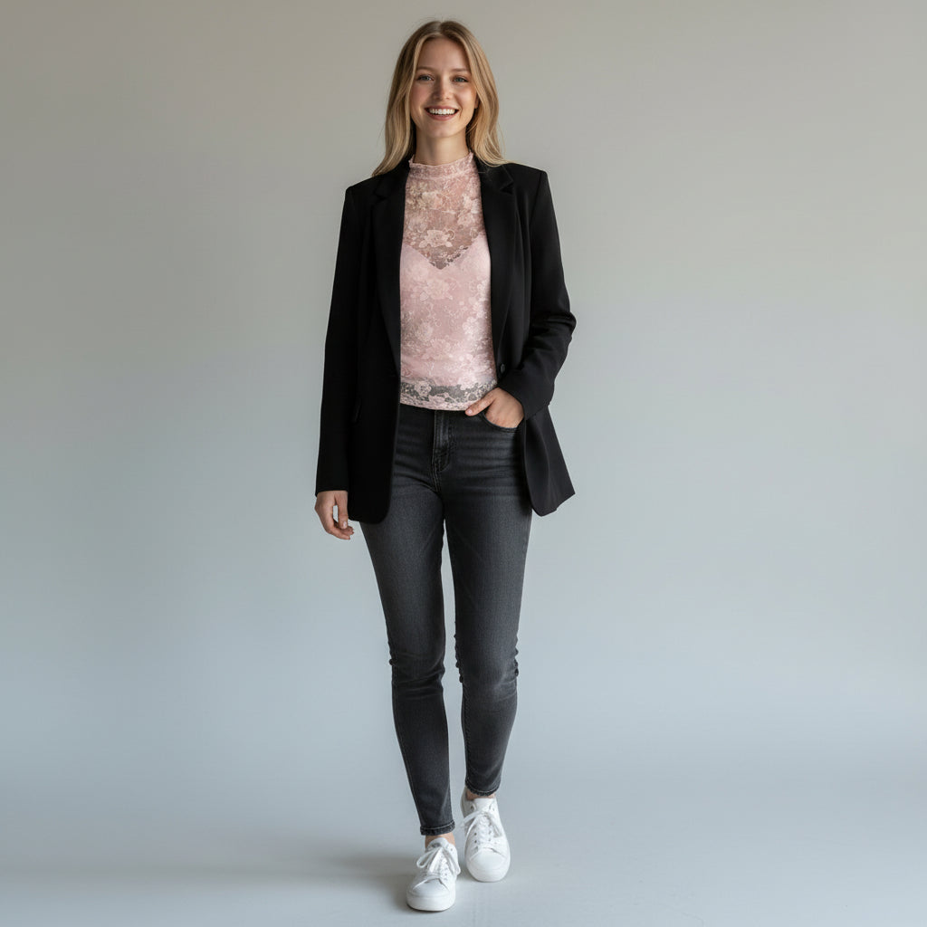 Soft Pink Sheer Lace Mock Neck Top | Long Sleeve