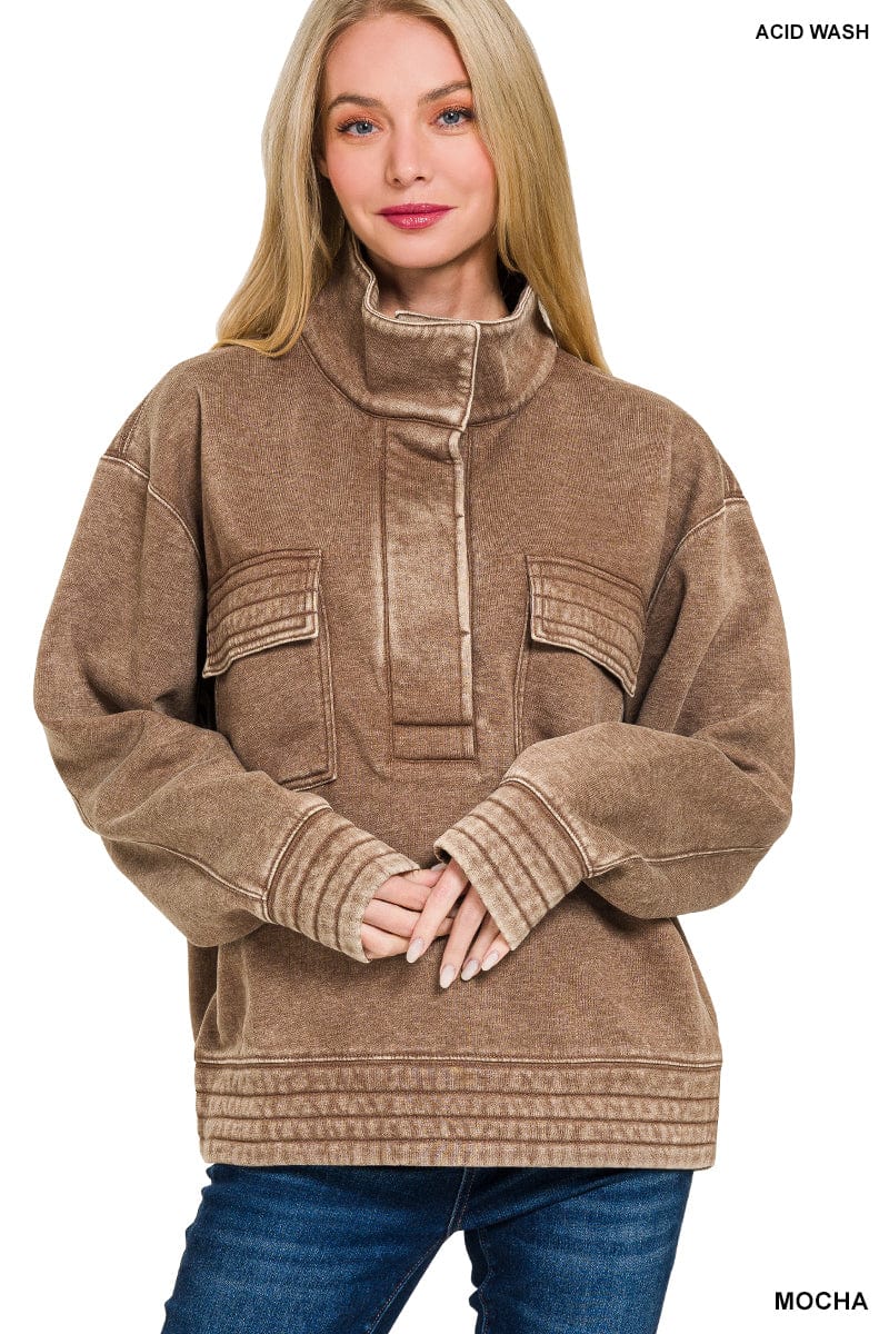 Zenana Washed Collared Pullover in Mocha