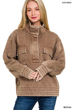 Zenana Washed Collared Pullover in Mocha